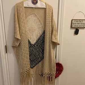 Umgee sweater kimono/shrug XL-1XL navy and beige with fringe and lace